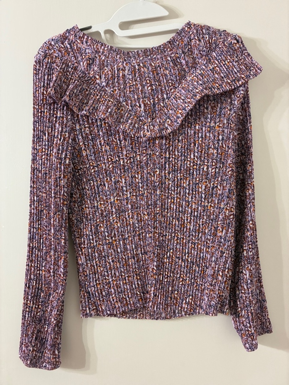 J. Crew Lavender Floral Ruffle-Neck Sweater